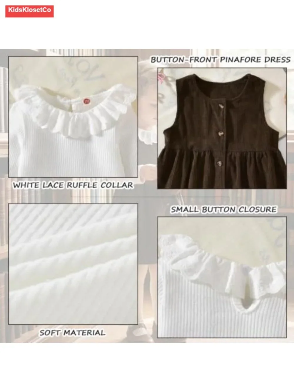 Toddler Long Sleeve Lace Collar Top Corduroy Overall Dress Set 2-Piece